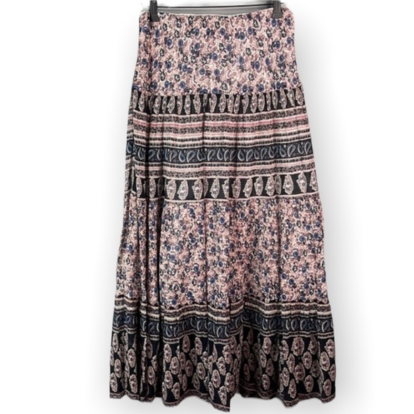 Chaps Floral Paisley Plisse Midi Skirt Bohemian Full Tiered Ruffled Size S - Picture 1 of 9
